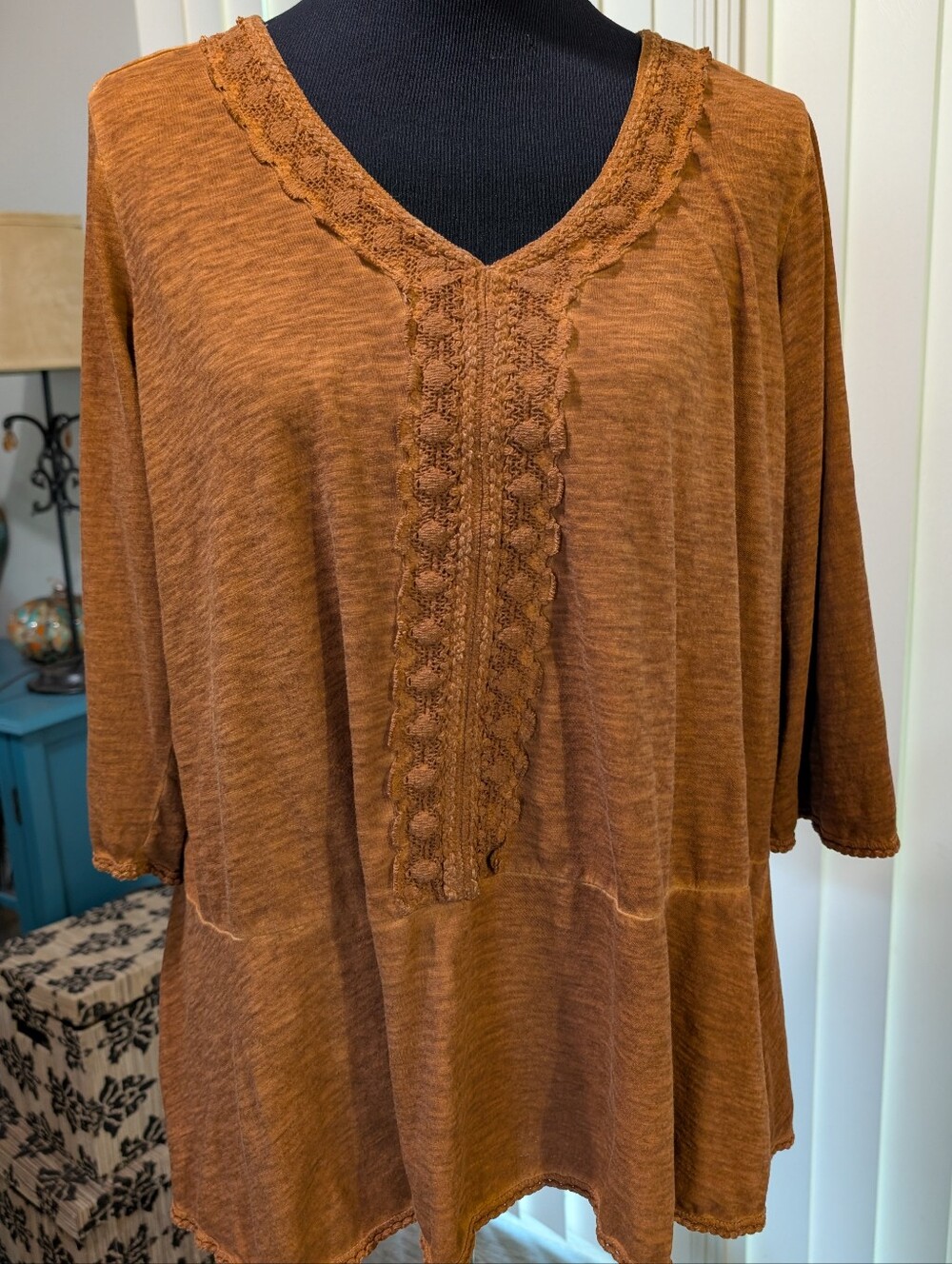 LOGO by Lori Goldstein Rust Top with Lace and Peplum Details